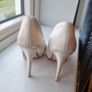 Ivory satin peetoe high heel shoes by Dune London with a pleated bow trim accented with rhinestones Image 6