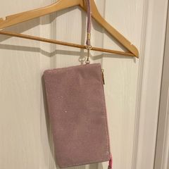 Pink glitter clutch with wrist strap