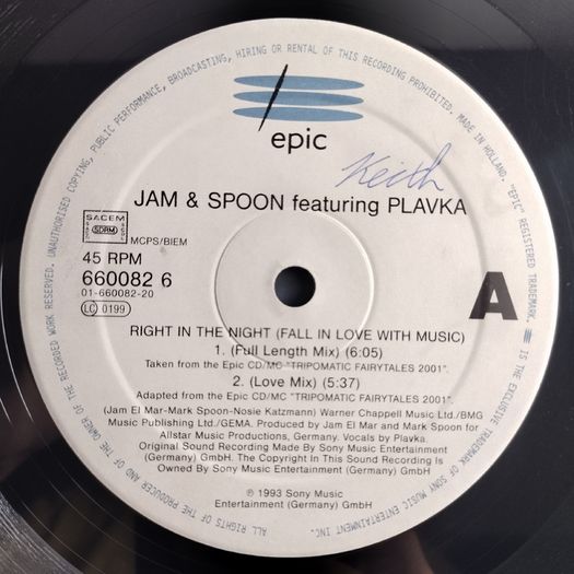 Jam and Spoon - Right In The Night - Epic Records - CLASSIC Trance BANGER!! '94 Pressing!