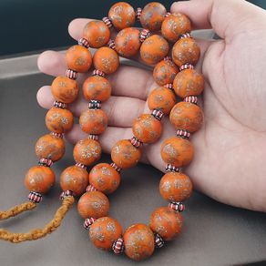 Antique Venetian Style Orange Millefiori & Chevron Glass Beads Strands Necklace