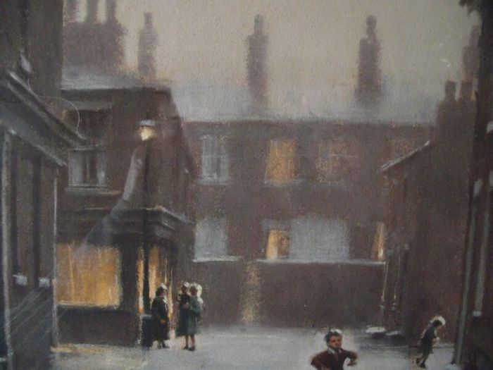 Marc Grimshaw - Original Pastel of - Children In A Rainy Street - Signed
