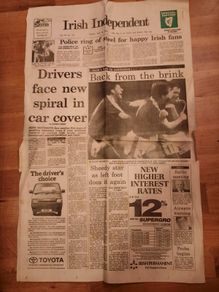 Italia 1990 - Irish Independent Tuesday 12th June 1990 -Ireland v England-(Front page and 4 page pull-out)