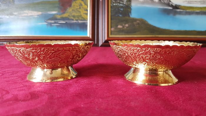 Antique Ornate And Engraved Solid Brass Footed Bowls With Underplate
