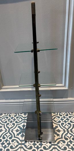 Vintage Mid-Century 4-Tier Brass & Glass Etagere Shelf Unit with Wooden Handle Accent