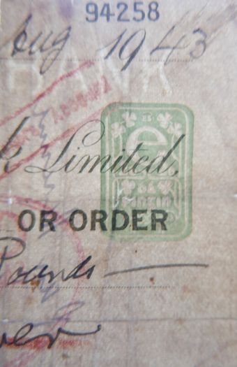 Vintage Cheque from The National Bank Limited, Dun Laoghaire Branch, dated August 25, 1943