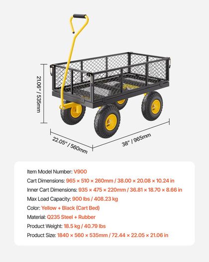 Steel Garden Cart 900lb Capacity Heavy Duty Yard Wagon Cart 10in Tires