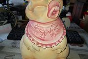 Large Vintage Hand Painted Ceramic Piggy bank Whimsical Baby Pig Pink Bib and Sucking on a Pacifier