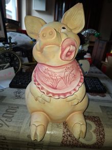 Large Vintage Hand Painted Ceramic Piggy bank Whimsical Baby Pig Pink Bib and Sucking on a Pacifier