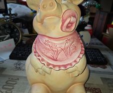 Large Vintage Hand Painted Ceramic Piggy bank Whimsical Baby Pig Pink Bib and Sucking on a Pacifier