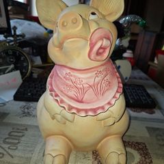 Large Vintage Hand Painted Ceramic Piggy bank Whimsical Baby Pig Pink Bib and Sucking on a Pacifier