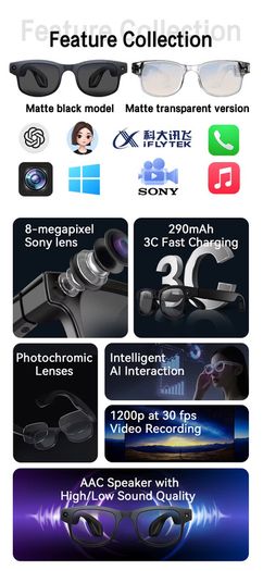 Ai Smart Glasses Multi-Functional Wireless Headphones, 8 Million Pixels Camera, Ai Translation, Chat GTP