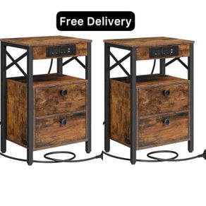 2 Wooden Bedside Table with Charging Station