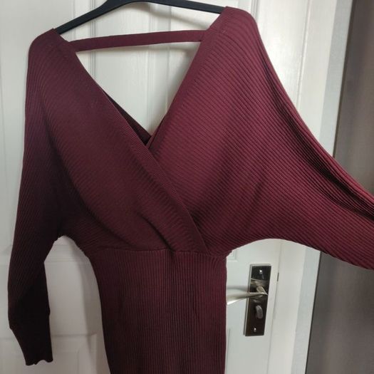 Knit V neck batwing dress, APRICOT