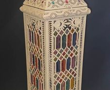 Large Moroccan Style Floor Lantern Lamp White Metal & Coloured Glass
