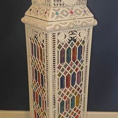 Large Moroccan Style Floor Lantern Lamp White Metal & Coloured Glass