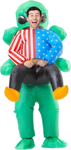 SEASONAL SALE Inflatable Alien Costume for Adult Green Alien Holding Human Costume Funny Halloween Blow up Costume Space Fancy Dress(Adult)