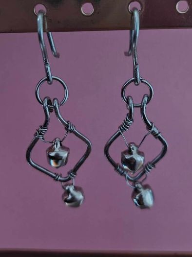 Stainless Steel Earrings with Bells, Handmade Wire Art, Geometric Dangles