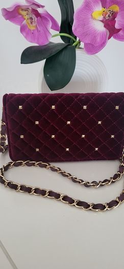 Accessorize burgundy velvet gold stud and chain bag - Rrp 50