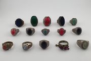 Antique Ring Collection Lot of 15 Brass Stone &amp; Glass Rings