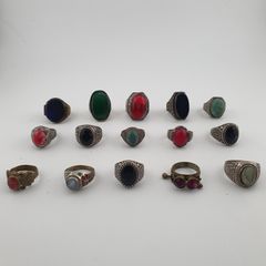 Antique Ring Collection Lot of 15 Brass Stone & Glass Rings