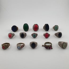 Antique Ring Collection Lot of 15 Brass Stone & Glass Rings