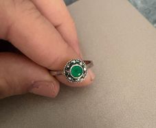 925 Sterling Silver Marcasite Ring with Green Stone Vintage