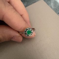 925 Sterling Silver Marcasite Ring with Green Stone Vintage