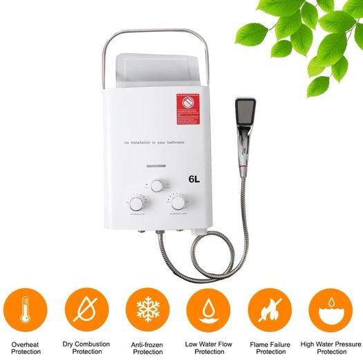 6L LPG Hot Water Heater 12KW Propan Gas Tankless Boiler with Shower Accessories for Home Camping