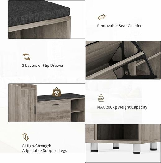 Shoe Storage Bench with Cushion, Grey Shoe Bench 105cm Lounge with 2 Shelves and 4 Compartments, Hallway Storage Unit with Seat, Living Room