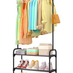Large Capacity Freestanding Clothes Rack with 2-Tier Shoe Organizer & Non-Slip Feet, Heavy-Duty Clothing Rail for Bedroom, Entrance, Laundry, 74 x 30 x 150cm, Black