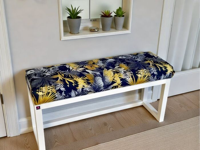Wooden Bench Navy Tropical Velvet with White Painted Frame