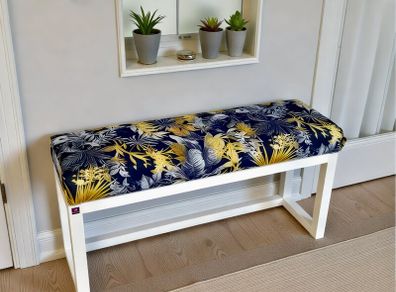 Wooden Bench Navy Tropical Velvet with White Painted Frame