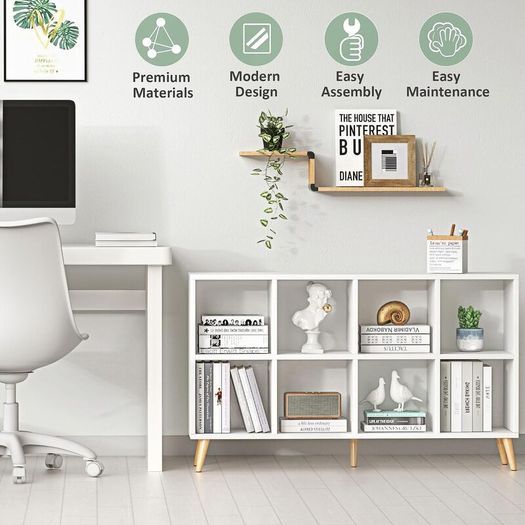 2 Tier Retro Bookcase with Legs 8 Cube Bookshelf 120cm Wood Bookshelves Storage Organizer Shelf, Freestanding