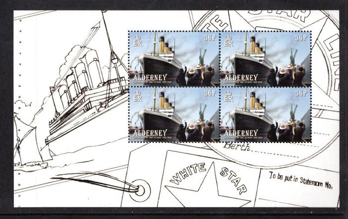 2012 Alderney Centenary of the Sinking of the Titanic 36p Titanic leaving Southampton Commemorative Stamp Booklet Pane Mint Never Hinged (MNH)