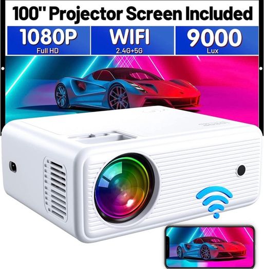 WiFi Projector with Projection Screen 1080P Full HD, 9000 Lux Portable Video 4K Projector Compatible with iphone TV Stick PS5 HDMI USB, Multimedia Home Movie Theater Projector (FREE POSTAGE)