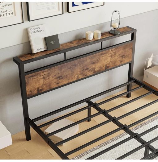Double Bed Frame with Wooden Storage Shelf Headboard