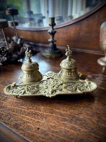 Rare DEPOSE antique brass double inkwell with dragon detail
