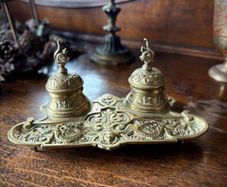 Rare DEPOSE antique brass double inkwell with dragon detail