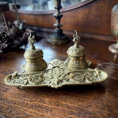 Rare DEPOSE antique brass double inkwell with dragon detail
