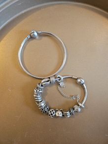 Genuine Pandora bundle: Snake chain bracelet with safety chain + solid Pandora bangle.
