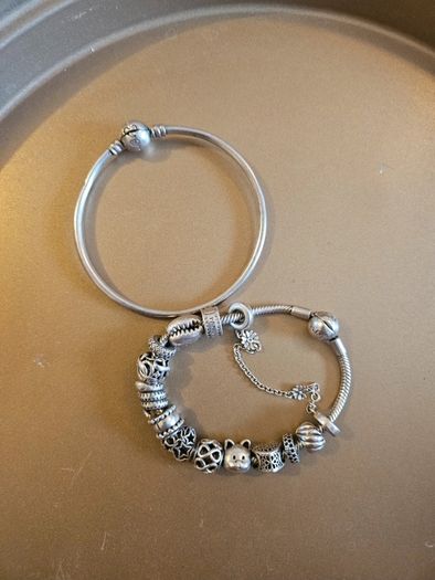 Genuine Pandora bundle: Snake chain bracelet with safety chain + solid Pandora bangle.