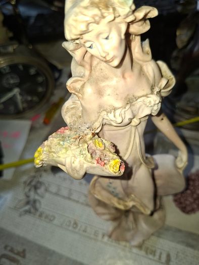 Beautiful Old Figurine distinctive Art Nouveau style of Italian sculptor, depicting an elegant woman in a flowing pastel gown holding a floral arrangement, Postage Available or Collection
