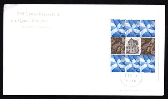 2000 Great Britain Queen Elizabeth, The Queen Mother Booklet Pane noting Scottish (Scotland) Links Royal Mail Addressed First Day Cover (FDC).