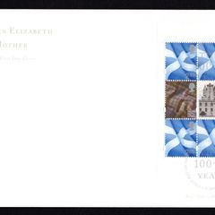 2000 Great Britain Queen Elizabeth, The Queen Mother Booklet Pane noting Scottish (Scotland) Links Royal Mail Addressed First Day Cover (FDC).