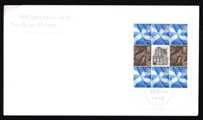 2000 Great Britain Queen Elizabeth, The Queen Mother Booklet Pane noting Scottish (Scotland) Links Royal Mail Addressed First Day Cover (FDC).