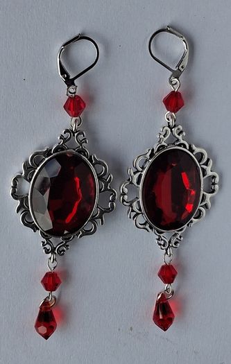 Gothic Ornate Filigree Deep Red Garnet Tassel Earrings