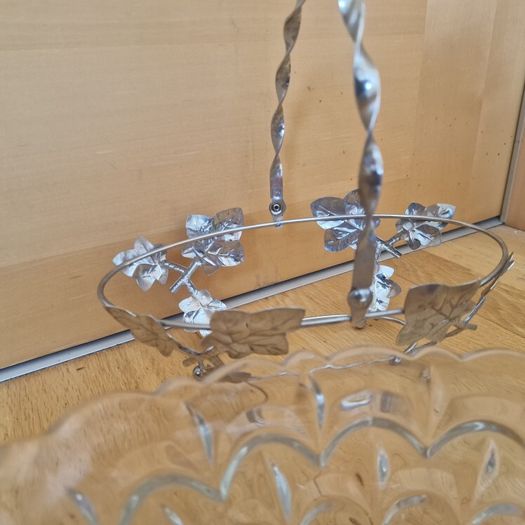 Vintage Glass Basket Dish with Ivy Holder