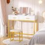 36 Inch Vanity Desk with Mirror and Drawers, Vanity Table and Stool, Dressing Table with Lights and Socket Strip for Bedroom, Gold Image 2
