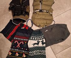 Dogs coats and jumpers, used, but in perfect condition. Size 45. Also an extra small collar thrown in.