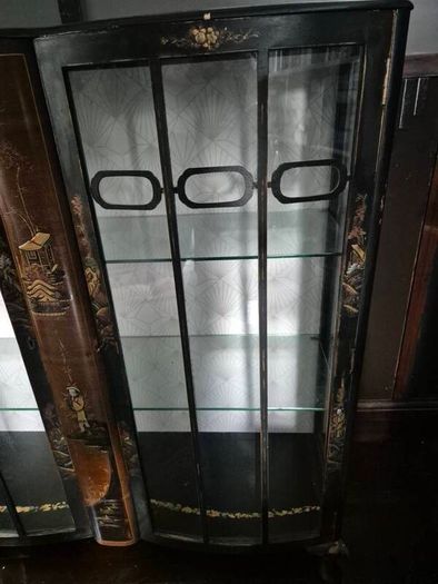 Vintage  Turnige Chinoiserie locking ebonised handpainted cabinet 3 tiers